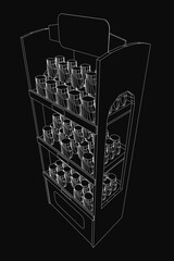 Poster - A black and white 3D model of a display case features various cups arranged neatly, highlighted by clean contours. The dark background emphasizes the showcase's sleek design.