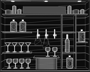 Poster - A black and white illustration of a stylish bar with neatly arranged shelves filled with bottles and glasses. The contour lines create depth, while subtle street elements and wheel motifs add.
