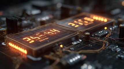 Aufkleber - Displaying real time data on efficiency and voltage output during testing, instrumentation sits amid intricate circuitry on a circuit board, illuminated by glowing orange lights
