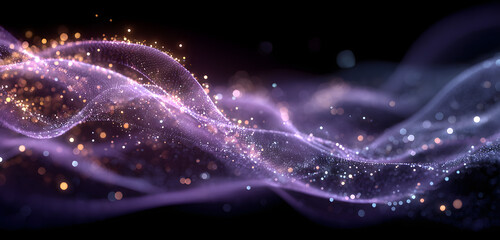 Poster - Abstract illustration of glowing energy waves. Purple colors with blur effect. Dynamic composition of particles, dots. Futuristic design, perfect for digital art, tech backgrounds, wallpaper, space,