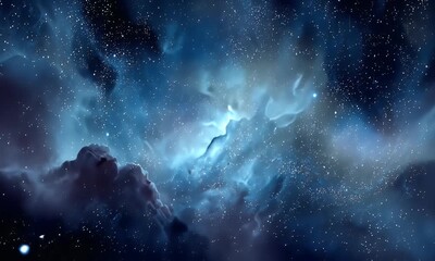 Wall Mural - Detailed Visualization of a Deep Space Nebula: A Captivating Celestial Scene Showcases a Predominantly Dark Blue Hues with Glimmering Stars and