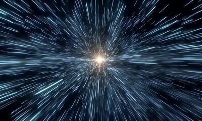Sticker - Dynamic Blue Light Particles Traveling Through Space A Futuristic Hyperspace Journey Through Glowing Stars and Bright Energy Streaks in a Dark Cosmos