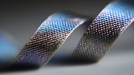 Poster - Close up view of a graphene ribbon spinner, highlighting its iridescent surface texture and the complex atomic level structure that contributes to its exceptional tensile strength and flexibility
