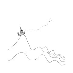 Poster - A person sailing a boat over a series of hills represented by black lines on a white background view