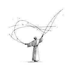 Poster - A person in a robe holding up curved lines in an artistic black and white illustration style image