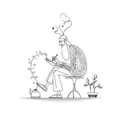 Poster - Illustration of a seated man with a long beard writing in a book with a teapot and plant nearby