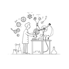 Poster - A scientist in a lab coat interacts with a complex machine featuring gears and various scientific tools