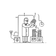 Poster - Scientist in lab coat adjusting a gauge in a laboratory setting with various equipment and instruments
