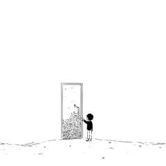 Poster - A drawing of a child standing near a door with a city inside and stars above in black and white style