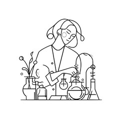 Poster - Line art illustration of a scientist working with laboratory equipment and botanical elements present