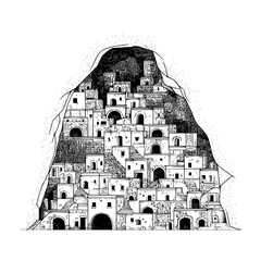 Poster - Illustration of a cave city with multiple buildings and entrances in black and white line drawing style art