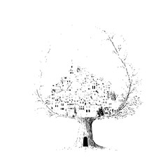 Poster - Illustration of a tree with a town as its foliage and a dark opening in the trunk on a white background
