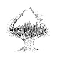 Poster - Illustration of a tree with branches forming a cityscape silhouette in black and white drawing style