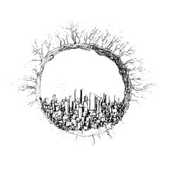 Poster - Illustration of a city skyline within a circular frame formed by a tree with bare branches in black and white