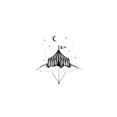 Poster - Illustration of a circus tent on clouds with a moon and stars in the background in black and white style