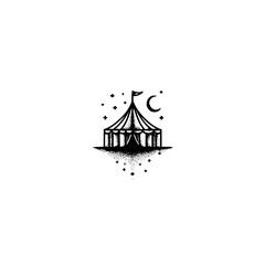 Poster - Illustration of a circus tent with a flag on top under a crescent moon and stars in black and white