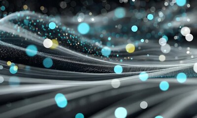 Wall Mural - Fluid Particles Flowing Across Dark Background with Blue and White Bokeh Lights and Shiny Texture Dynamic Motion Graphic Design