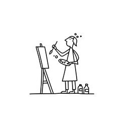 Poster - A simple line drawing of a person painting on a canvas with a palette and bottles of paint nearby