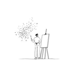 Poster - Artist standing before easel with abstract art emerging from brush in a minimalist line drawing style