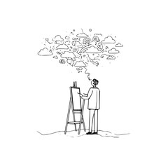 Poster - an artist stands before an easel painting with a thought bubble full of clouds and whimsical shapes 