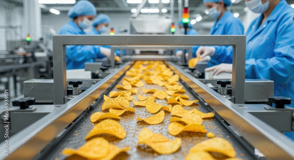 Potato Inspection Line Conveyor system transporting seasoned potato chips through quality ...