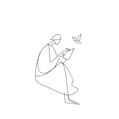 Poster - Woman in robe writing in a book with a bird flying nearby in a minimalist line drawing style image design