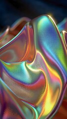 Poster - Abstract iridescent swirl with vibrant holographic reflections in soft focus, creating a fluid and dreamy visual effect