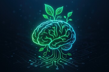 Poster - Brain Innovation: A stunning conceptual illustration portrays a glowing brain, interwoven with circuitry and blossoming with verdant leaves.