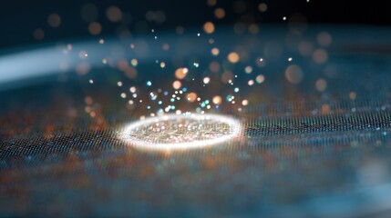 Aufkleber - Glowing smart dust components hover above a silicon wafer, showcasing the intricate texture of the wafer surface in a nanotechnology concept