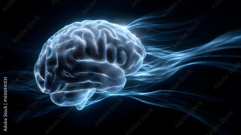abstract brain glowing in blue light beams from a phone disrupting the brain waves the light ...