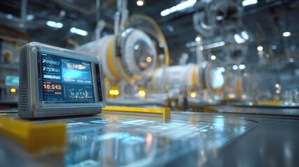Aufkleber - Futuristic radiation detection device featuring digital readouts and graphical data, monitoring assembly pods in a high tech factory for safety and efficiency in manufacturing