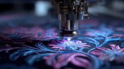 Poster - High tech laser engraving machine precisely etches an elaborate floral pattern onto high end textile. Showcasing the accuracy and artistry of modern manufacturing processes in the fashion industry