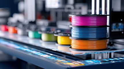 Poster - Colorful filament spools are stacked next to a 3d printer actively producing lightweight drone components, showcasing advanced manufacturing technology