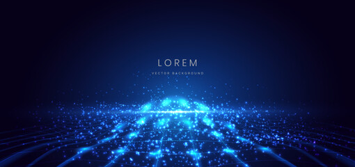 Poster - Scene glownig blue light with lighting effect and sparkle on dark blue background.