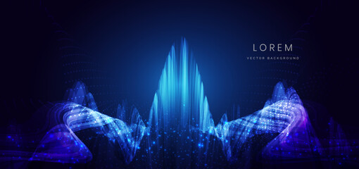 Poster - Technology blue glowing wave lines with lighting effect and sparkle on dark blue background.