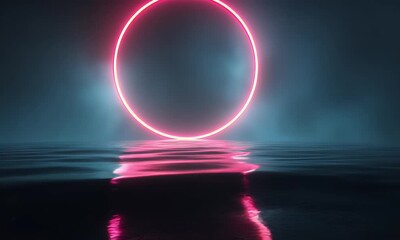 Sticker - Pink and Blue Neon Circle Reflected in Dark Water A Glowing Pink Circular Neon Light Stands in the Center of a Dark Blue Water Surface Creating a