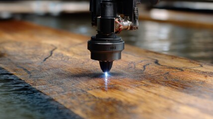 Poster - High tech robotic arm precisely engraving a bamboo surface using water jet technology, enhancing flexibility and creating intricate grooves for innovative material processing