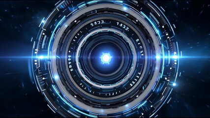 Poster - Futuristic circular interface with glowing blue digital elements, high tech science fiction design, abstract technology background, cyber energy innovation, modern virtual display, dynamic light