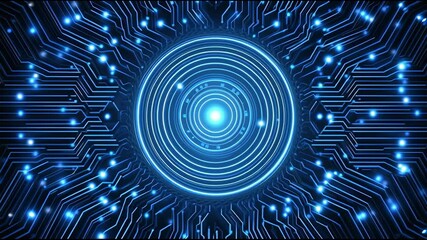 Poster - Futuristic circuit glowing blue light digital technology abstract background with electronic pattern, innovation, high tech energy, cyber concept, modern design, creative inspiration, concentric