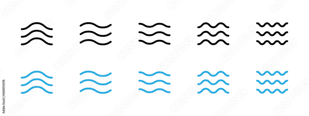 Water waves icon set. Three parallel wavy lines symbolizing waves or ...