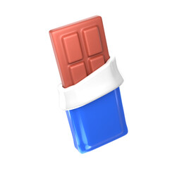 Poster - Partially unwrapped milk chocolate bar in blue wrapper; 3D render, playful mood.