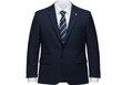 © Songpong - Formal navy suit with white shirt and striped tie on display on transparent background