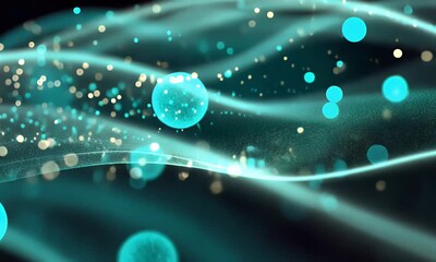 Wall Mural - Teal and Gold Particles Flowing Dynamically on Dark Background: Abstract Motion Graphics with Shimmering Light Effects and Smooth Fluid Waves Texture
