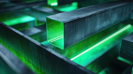 Poster - Gleaming steel beams emerging from a production line, radiating a bright green glow, symbolize carbon neutral hydrogen in manufacturing and promote sustainable practices