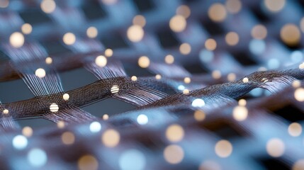 Poster - Closeup view of a smart textile weave pattern with conductive elements intricately designed, showcasing the detail and innovation of futuristic fabrics