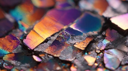 Poster - Macro photograph capturing the intricate details of an iridescent crystal, showcasing a mesmerizing display of vibrant colors and metallic sheen, creating a visually stunning abstract composition