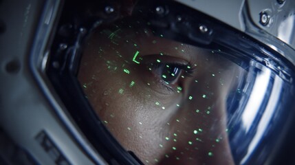 Aufkleber - Close up of an astronaut's eye seen through a helmet visor, with a heads up display - hud - overlaying green binary code, suggesting data analysis and futuristic technology in space exploration