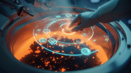 Poster - scientist wearing protective gloves uses a futuristic digital interface to precisely adjust the pyro