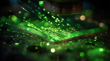 Poster - Green electromagnetic waves cascade over an emerald wafer as a laser engraving machine operates, creating a dynamic interplay of light and energy in a holographic booth