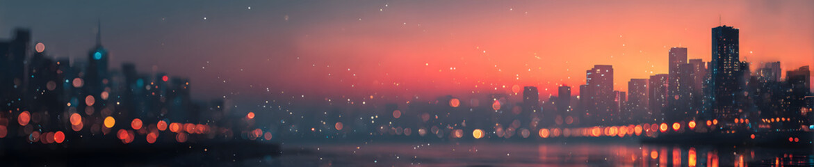 Poster - Minimalist social media interface with a blurred cityscape at sunset, screen, evening, darkening